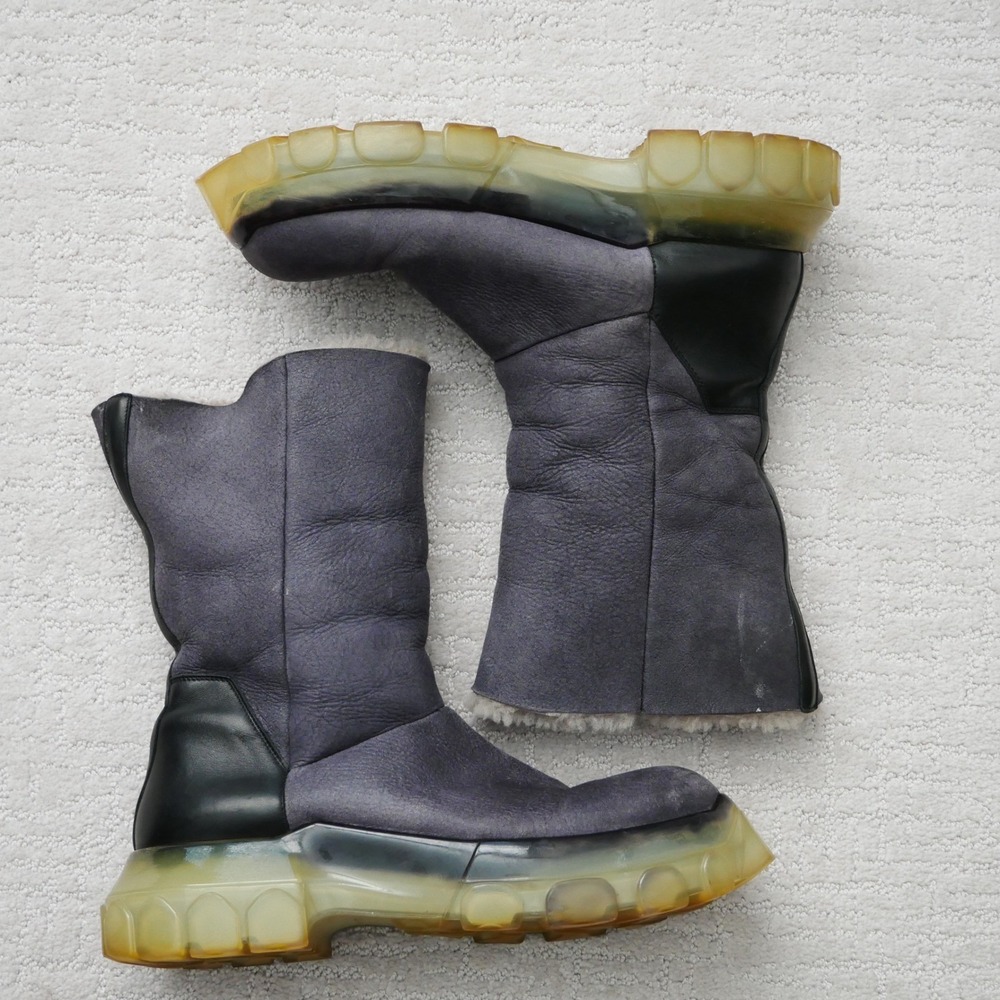 Rick Owens Black Shearling Mega Bozo Tractor Chelsea Boots Leather Mens 45